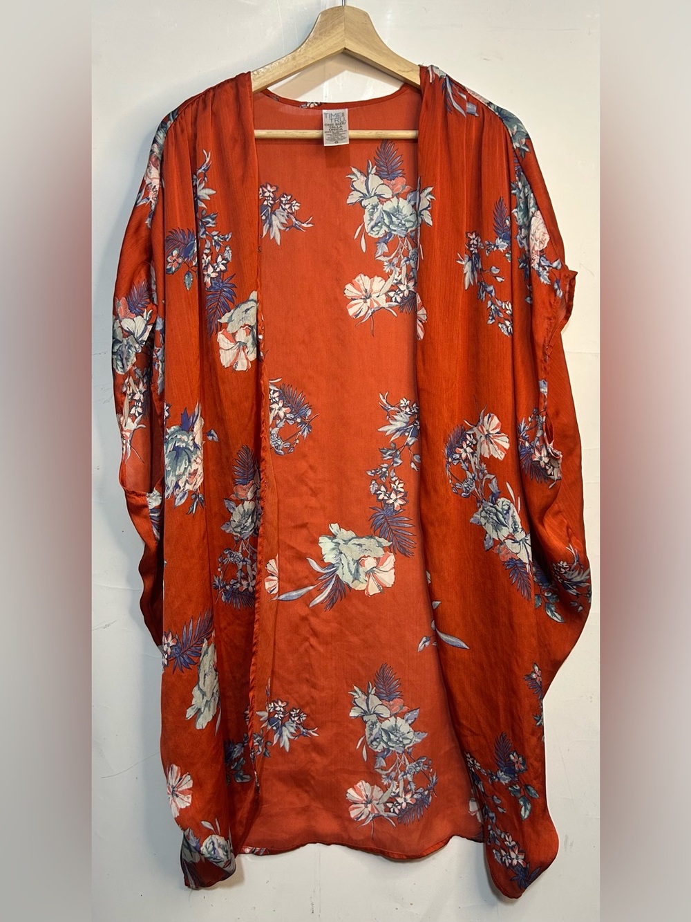 Time and Tru Sheer Red Floral Open Front Duster One Size